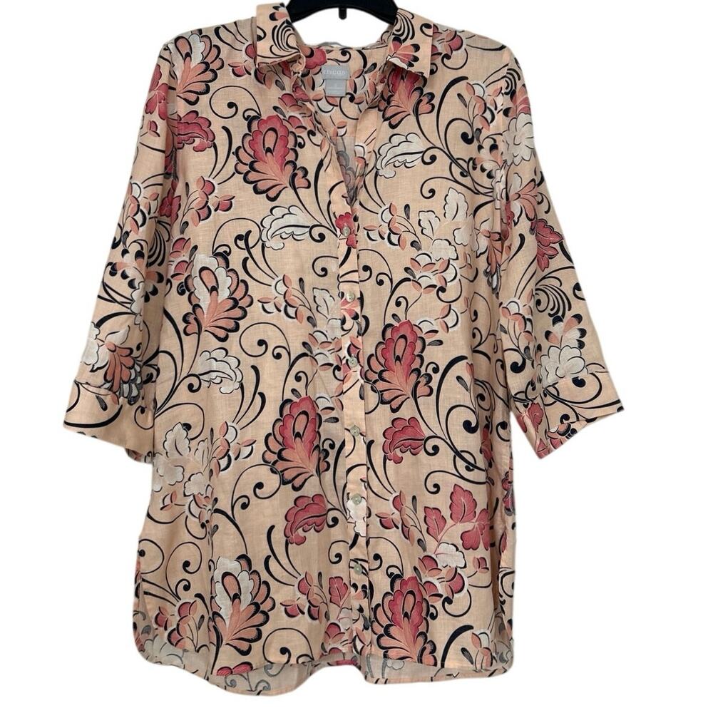 Chico’s Linen Floral Button Front Tunic Shirt Size 12/14 Boho Artsy Relaxed Fit